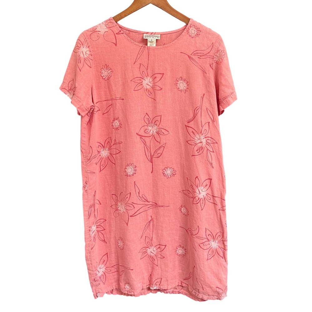 Freeport Studio Linen Dress Pink Floral Short Sleeve Womens M Vacation Coastal